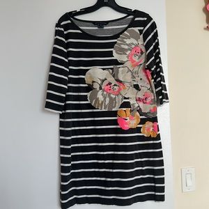 French Connection T Shirt Dress Navy/white Stripe Floral Size 12